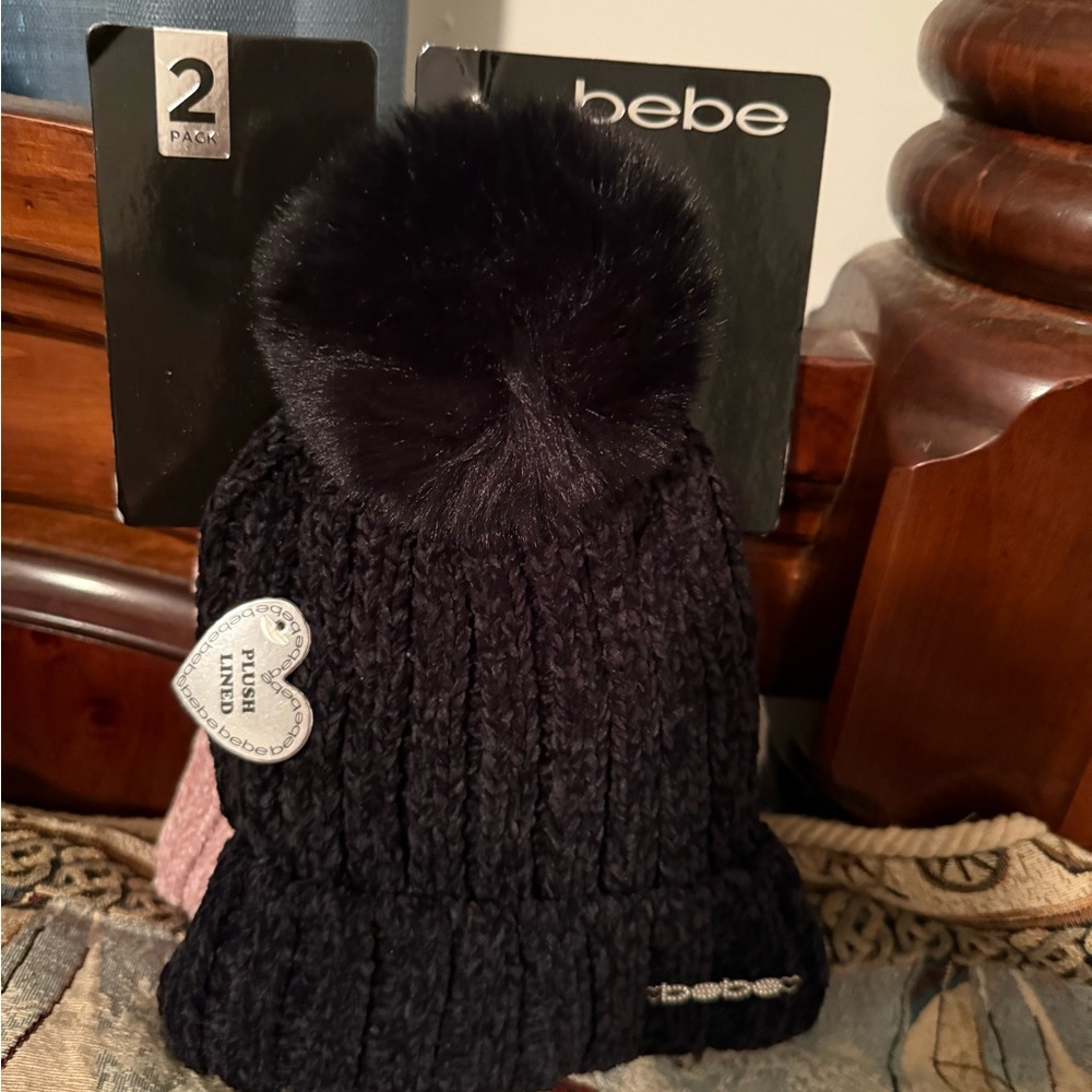 Bebe Kids Black Knit Beanie with Pom-Pom